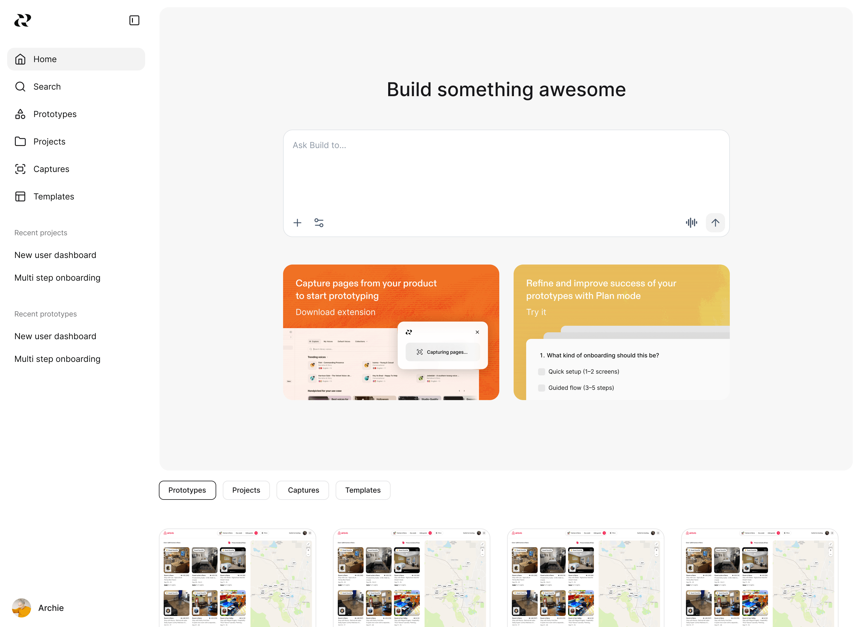 Build home design with a prompt, browser capture, Plan mode, and recent prototypes