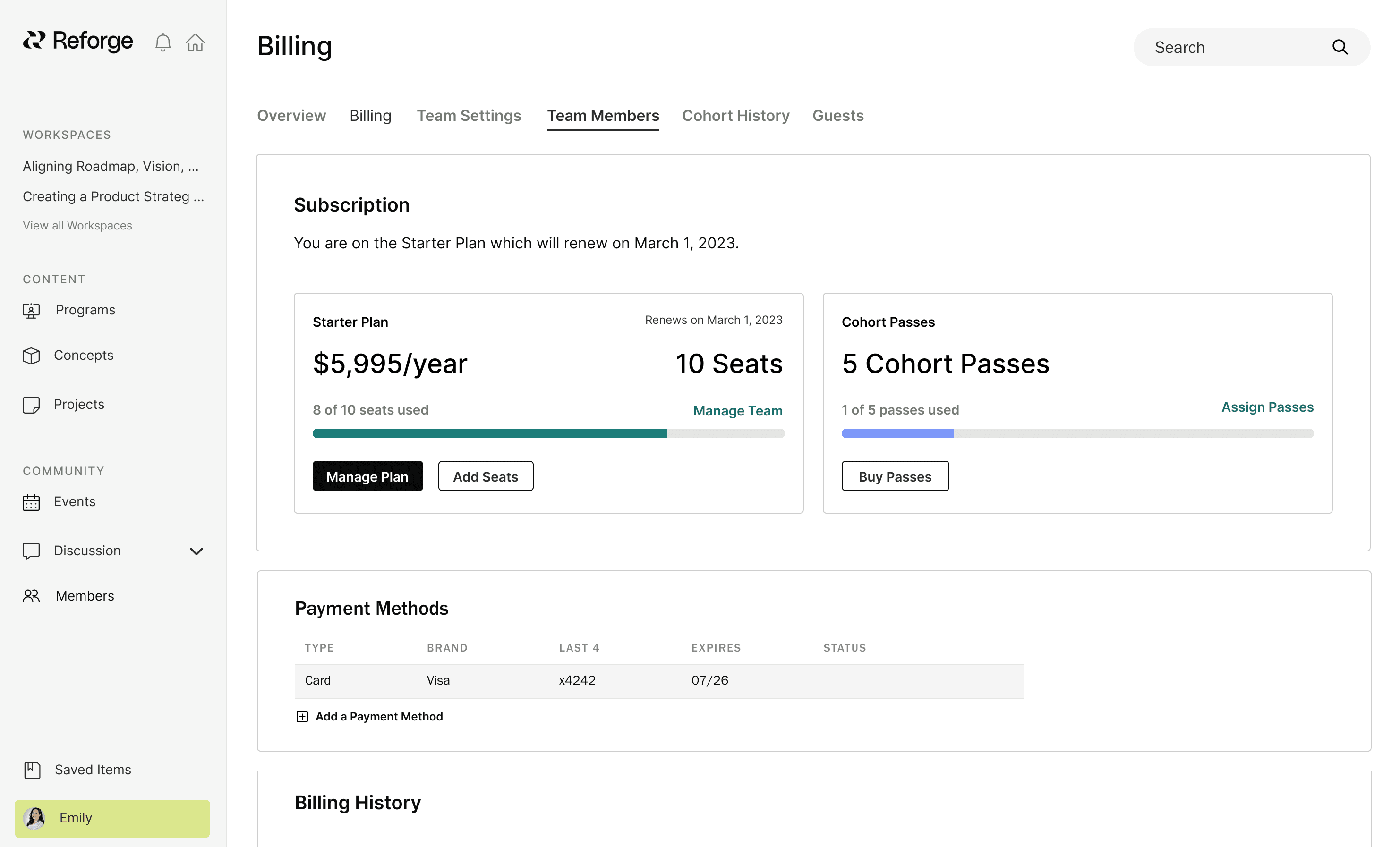 Reforge billing screen with subscription, team seats, cohort passes, and payment methods