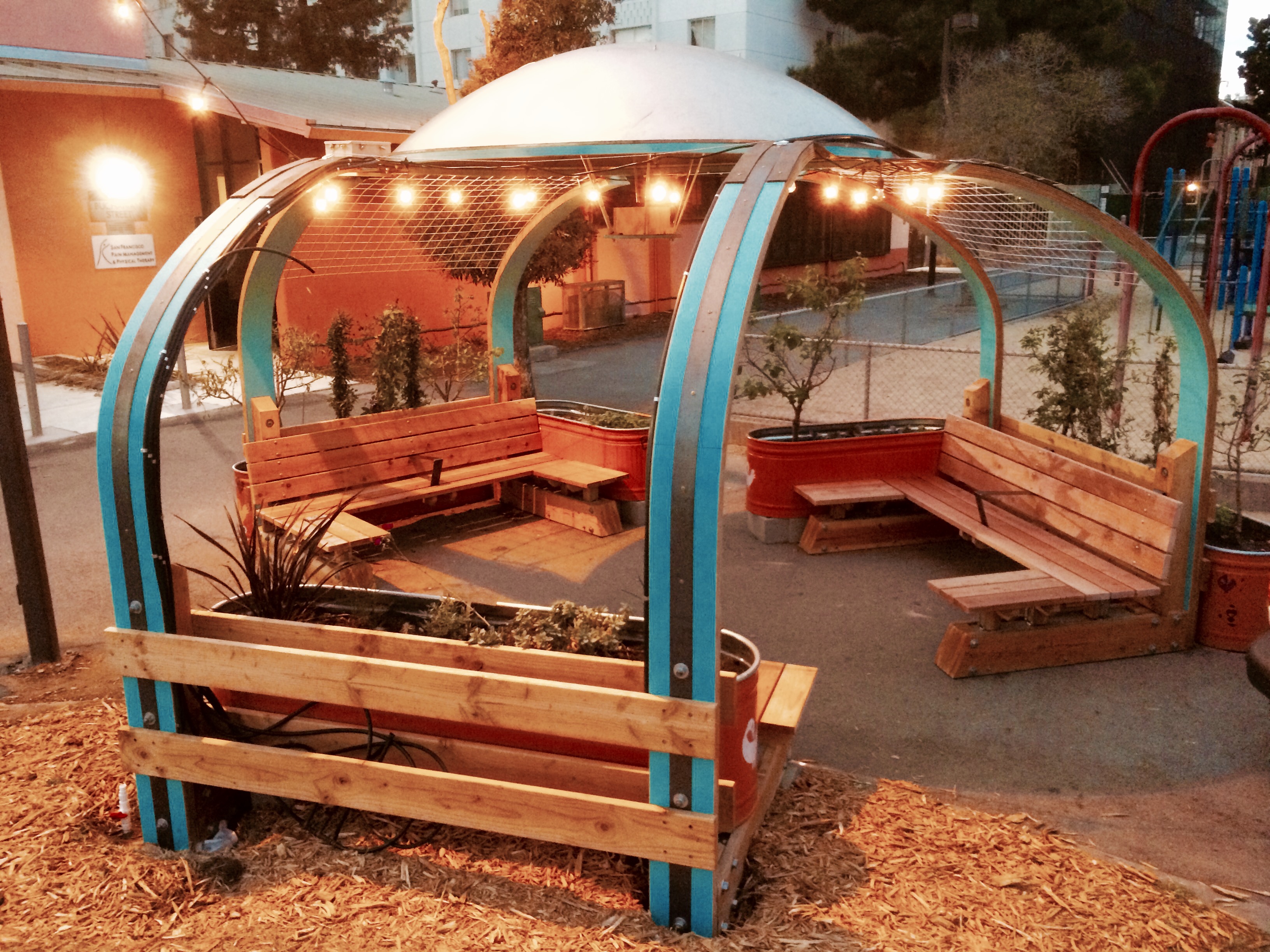 Colorful domed structure with planting and seating illuminated in the evening