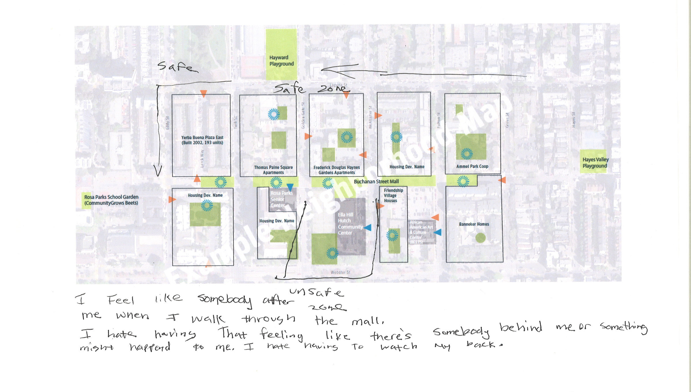 Resident story map marking routes and experiences across the park's five blocks