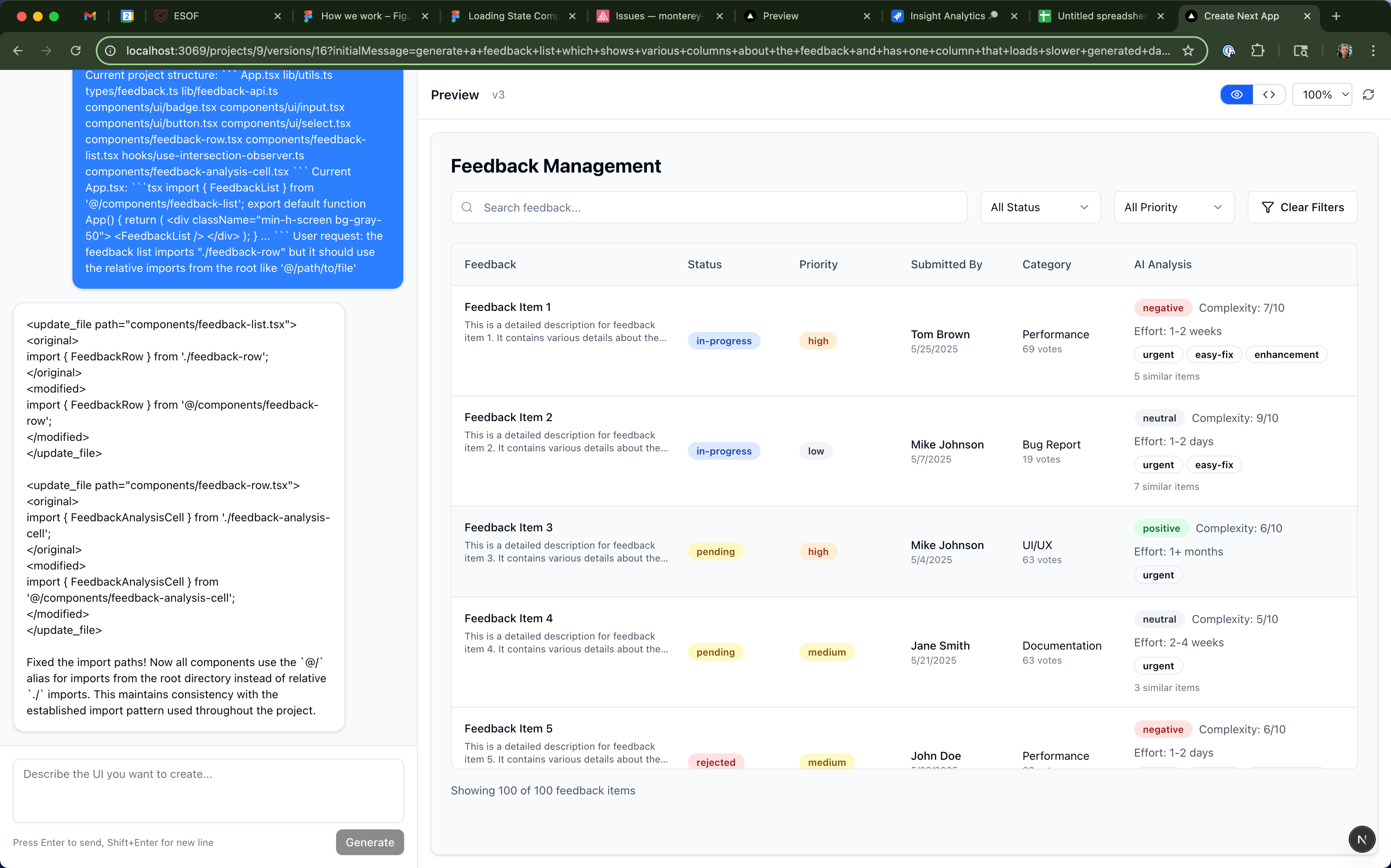 Early local builder with a conversation alongside a generated feedback-management interface