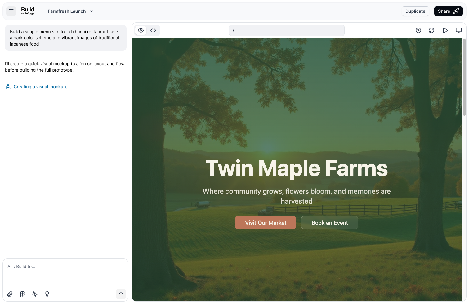 Later Build interface with compact project navigation, generation status in chat, and a large populated farm website preview
