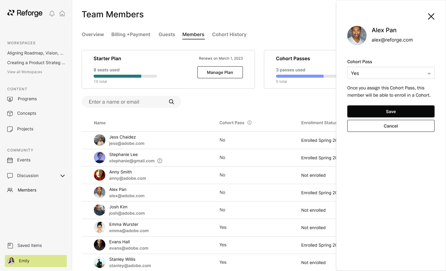 Member side panel with a cohort-pass selector and Save action explaining that assignment enables enrollment