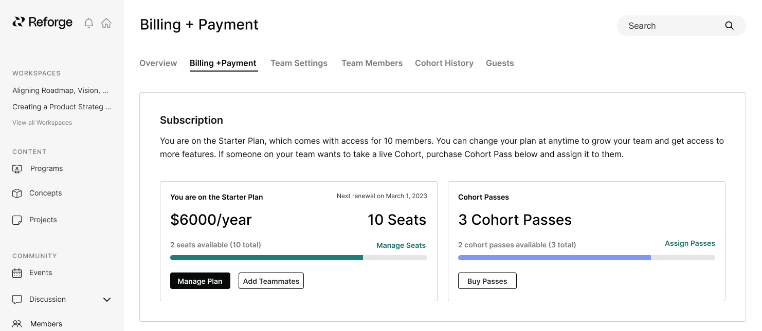 Reforge billing design with separate cards for team seats and live cohort passes