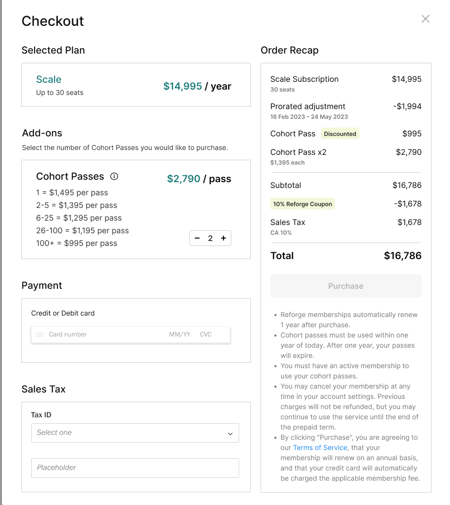 Desktop checkout design showing seat tier, cohort-pass volume pricing, payment and tax inputs beside a detailed order recap