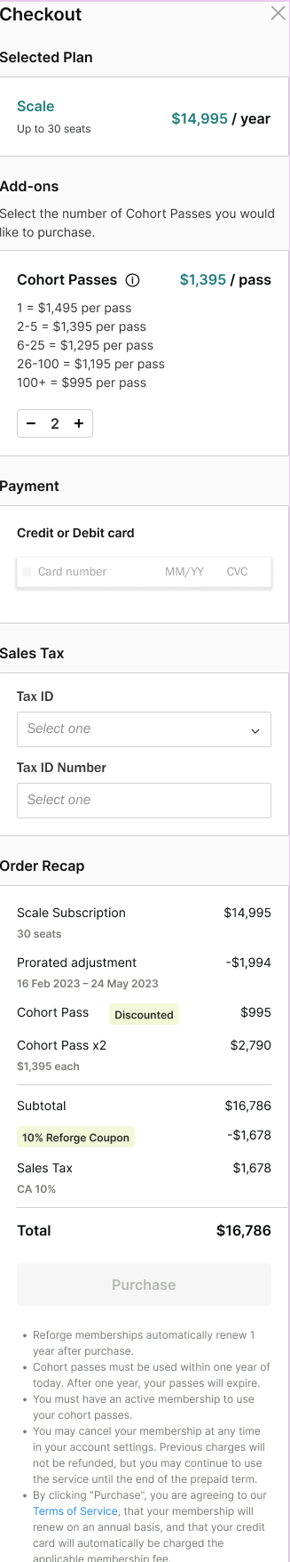 Phone checkout design stacking plan, cohort passes, payment, tax details, total and terms