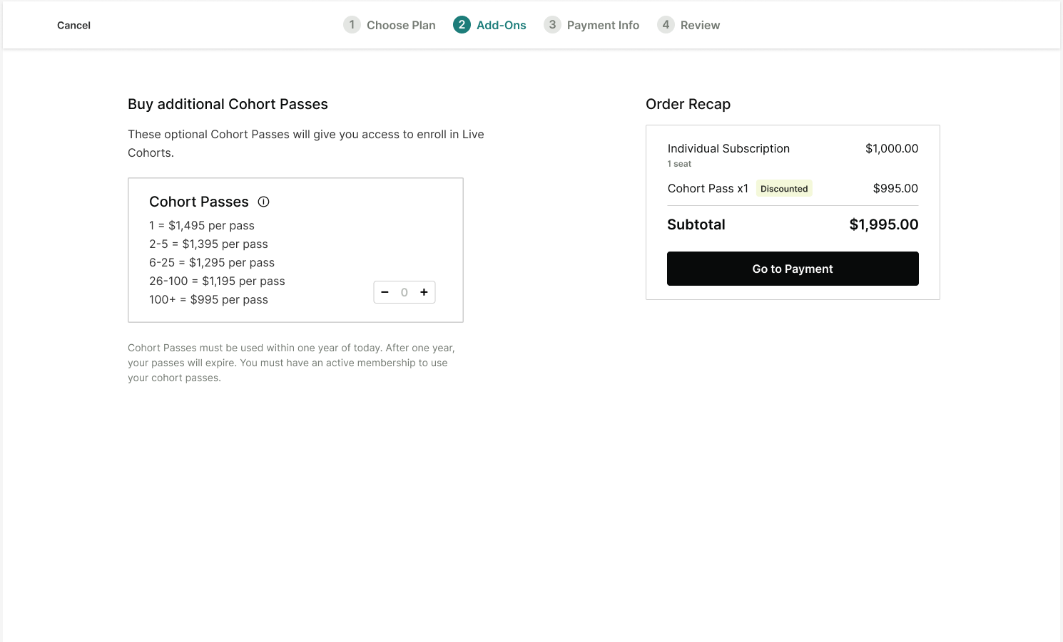 Add-ons step showing optional cohort-pass quantity and volume prices beside an individual subscription recap