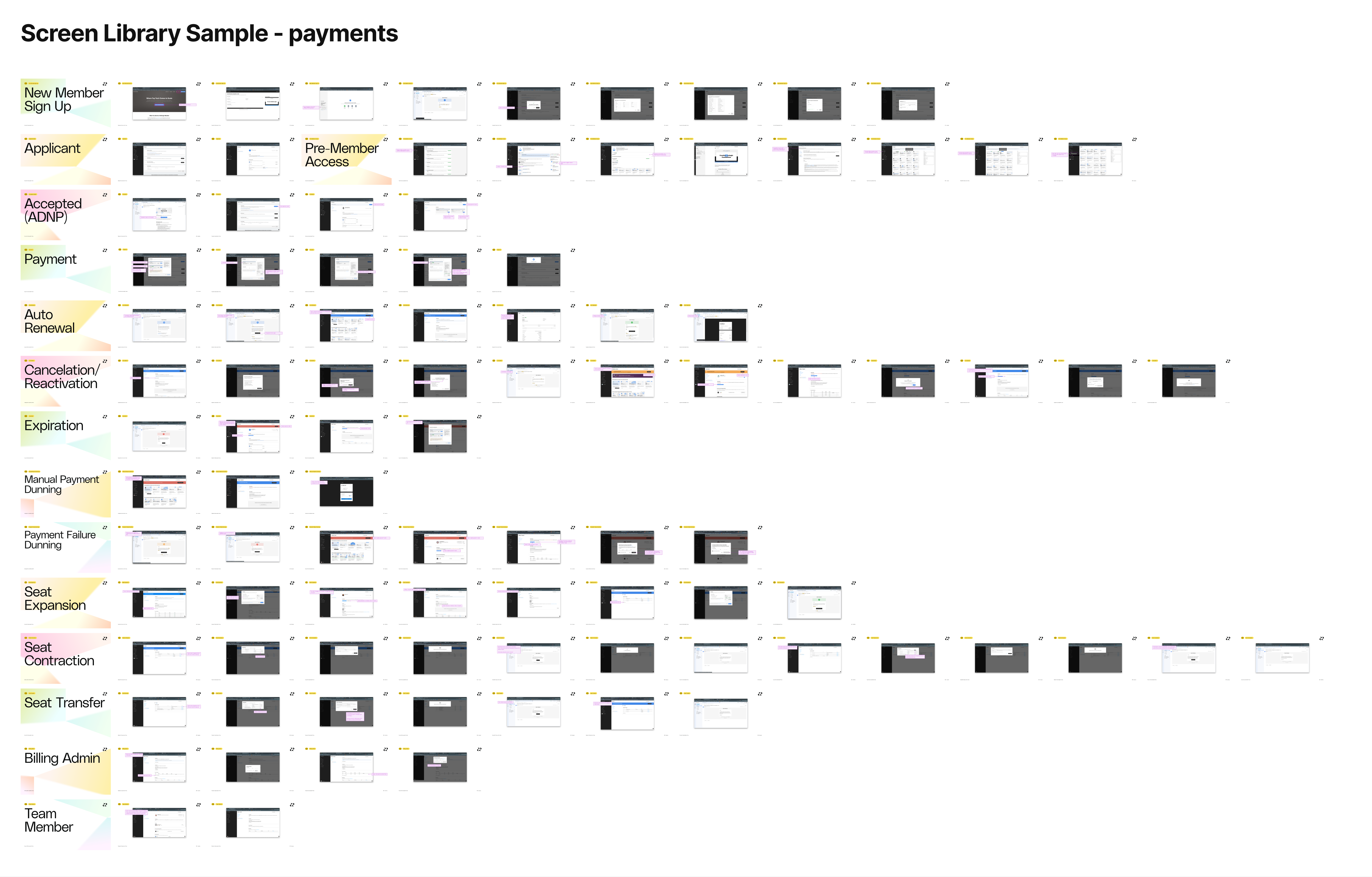 Screen-by-screen subscription audit organized into rows for signup, renewals, cancellations, payment recovery and seat administration