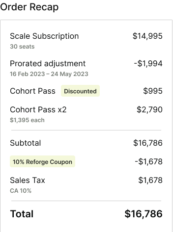 Order recap itemizing membership, prorated adjustment, discounted and standard cohort passes, coupon, sales tax and total