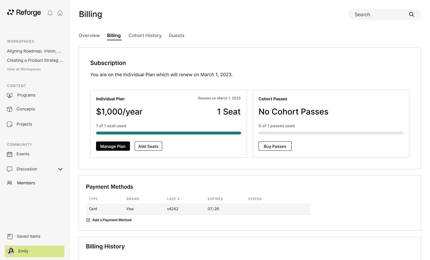 Individual membership billing screen with no cohort passes and a Buy Passes action