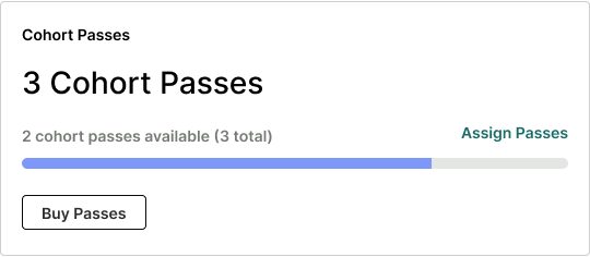 Cohort pass card with total and available passes, assignment and purchase actions