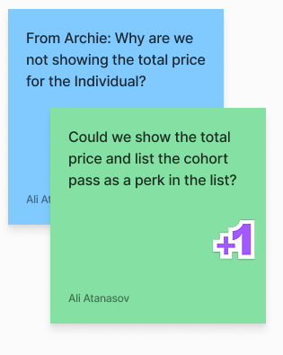 Team review notes questioning whether the full individual price is visible and suggesting listing the included pass with the benefits