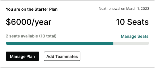 Starter plan card with total seats, available seats, renewal date and management actions