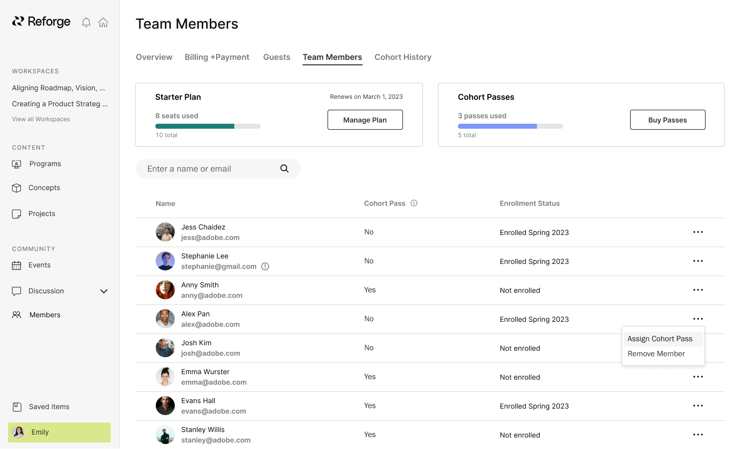Team members screen with eight of ten seats used, pass balance, enrollment status and an Assign Cohort Pass action