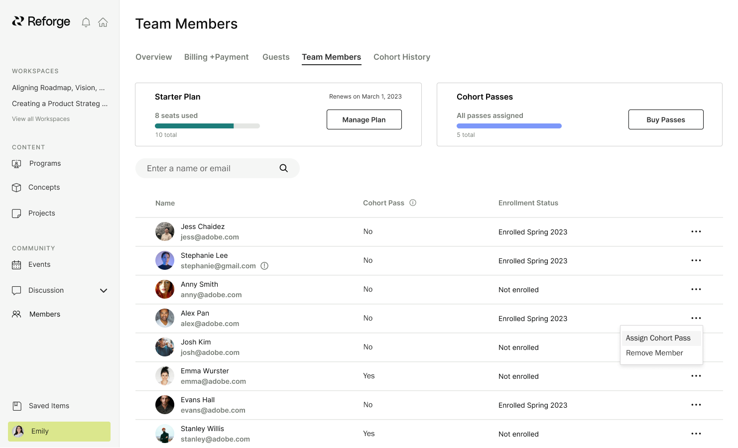 Team management design showing All passes assigned beside a Buy Passes action