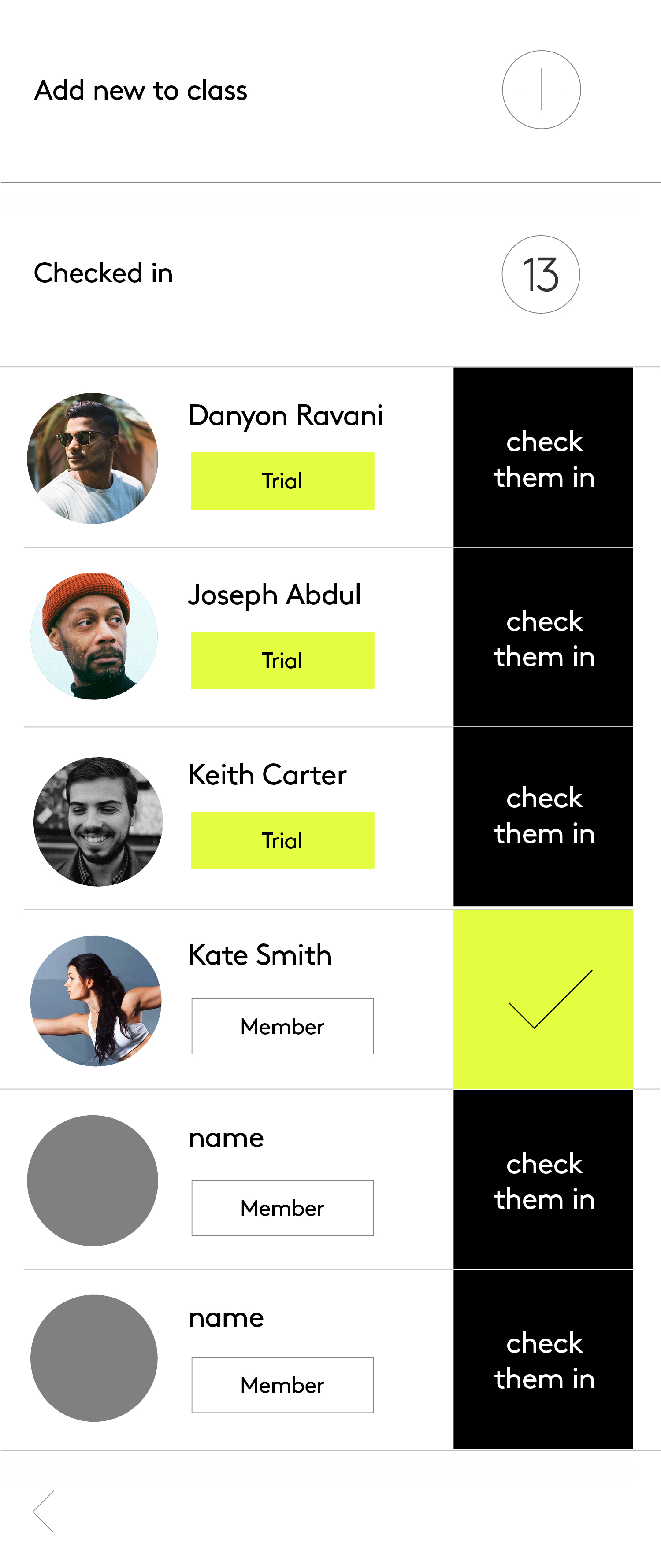 Class attendance list with individual check-in buttons and an add-new action