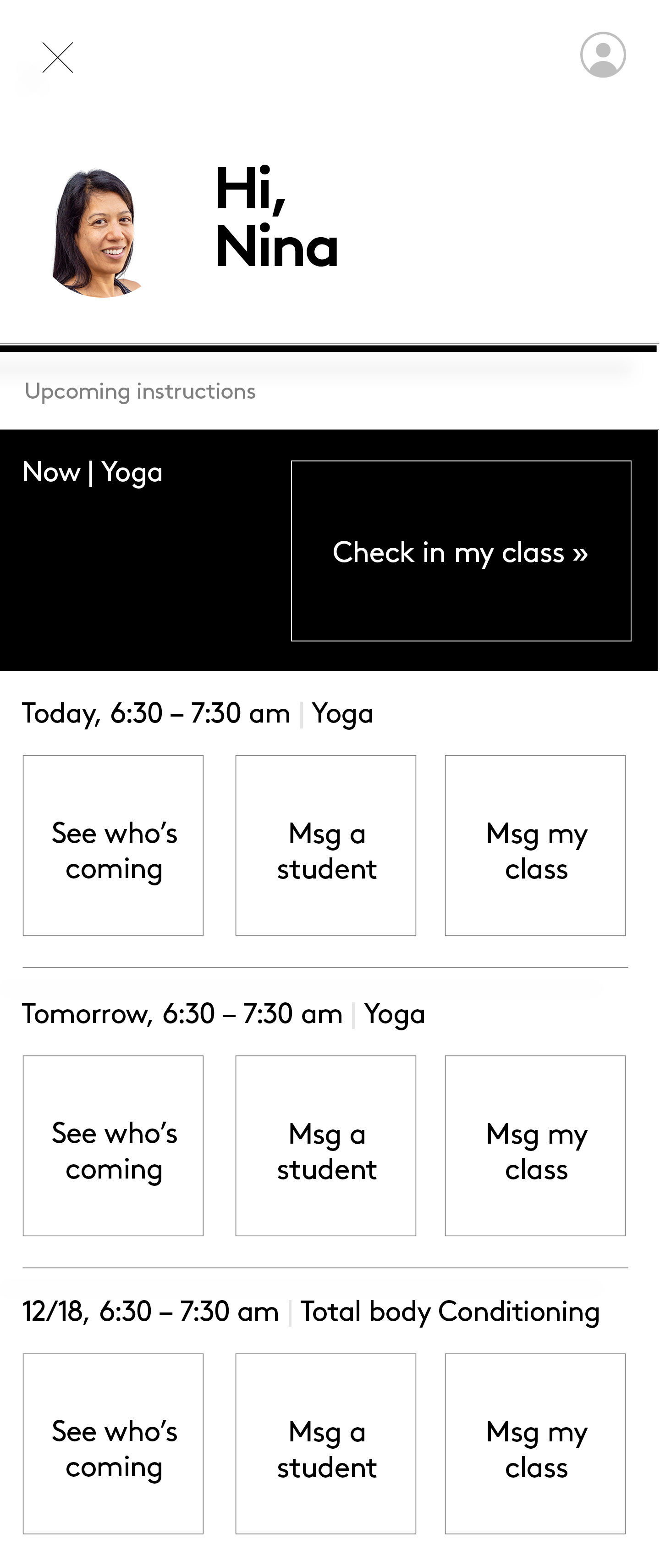 Instructor dashboard with upcoming classes and a Check in my class action