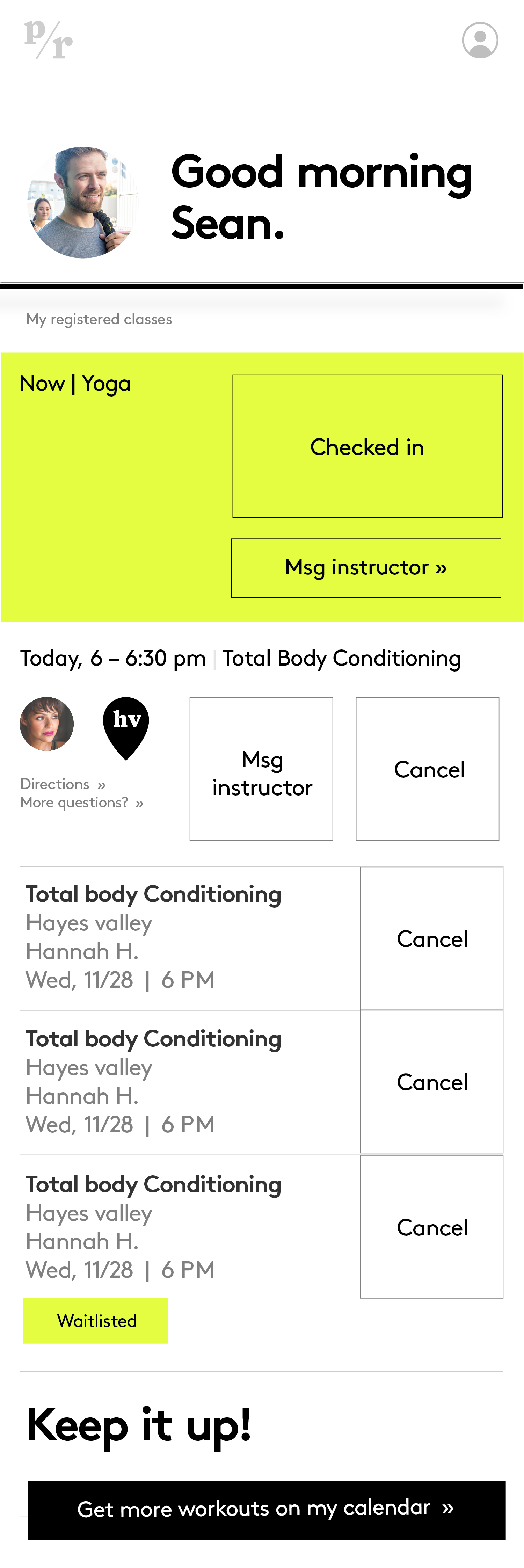 Member dashboard with a highlighted current class and checked-in status