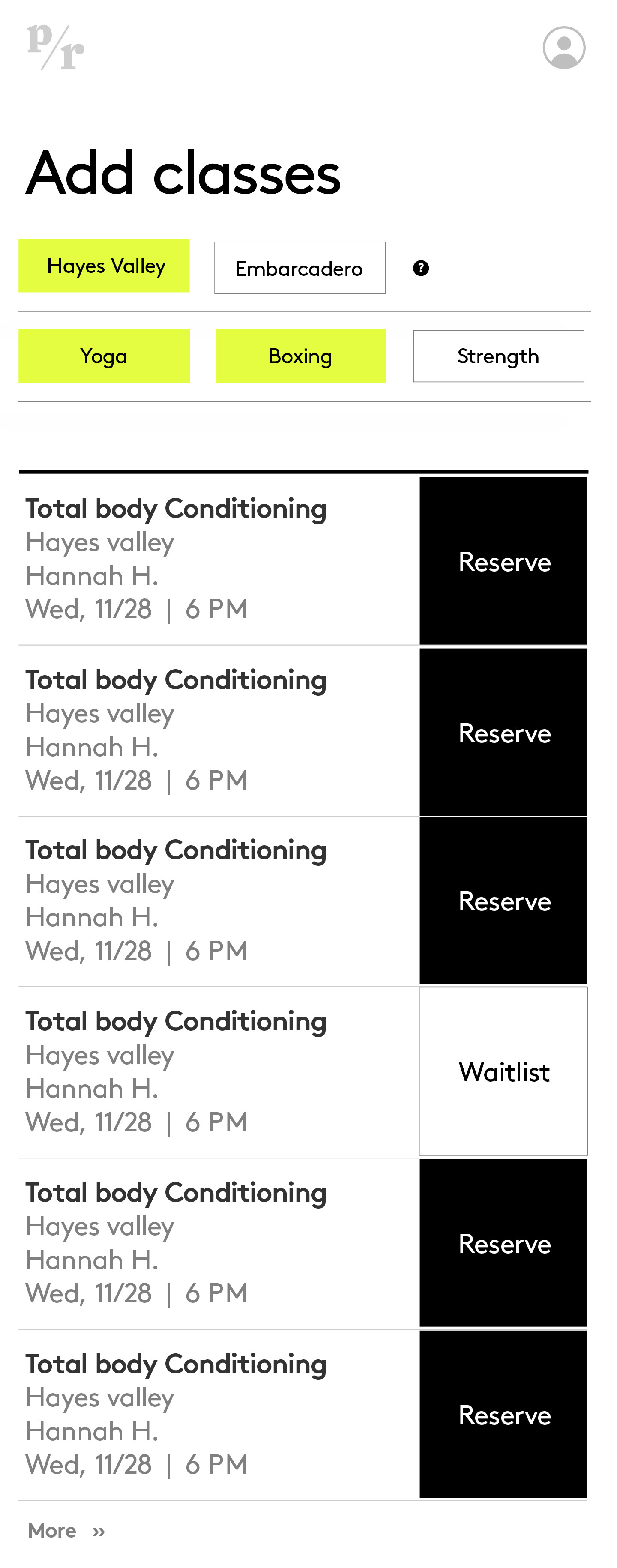Add classes screen with location and workout filters and reservation buttons