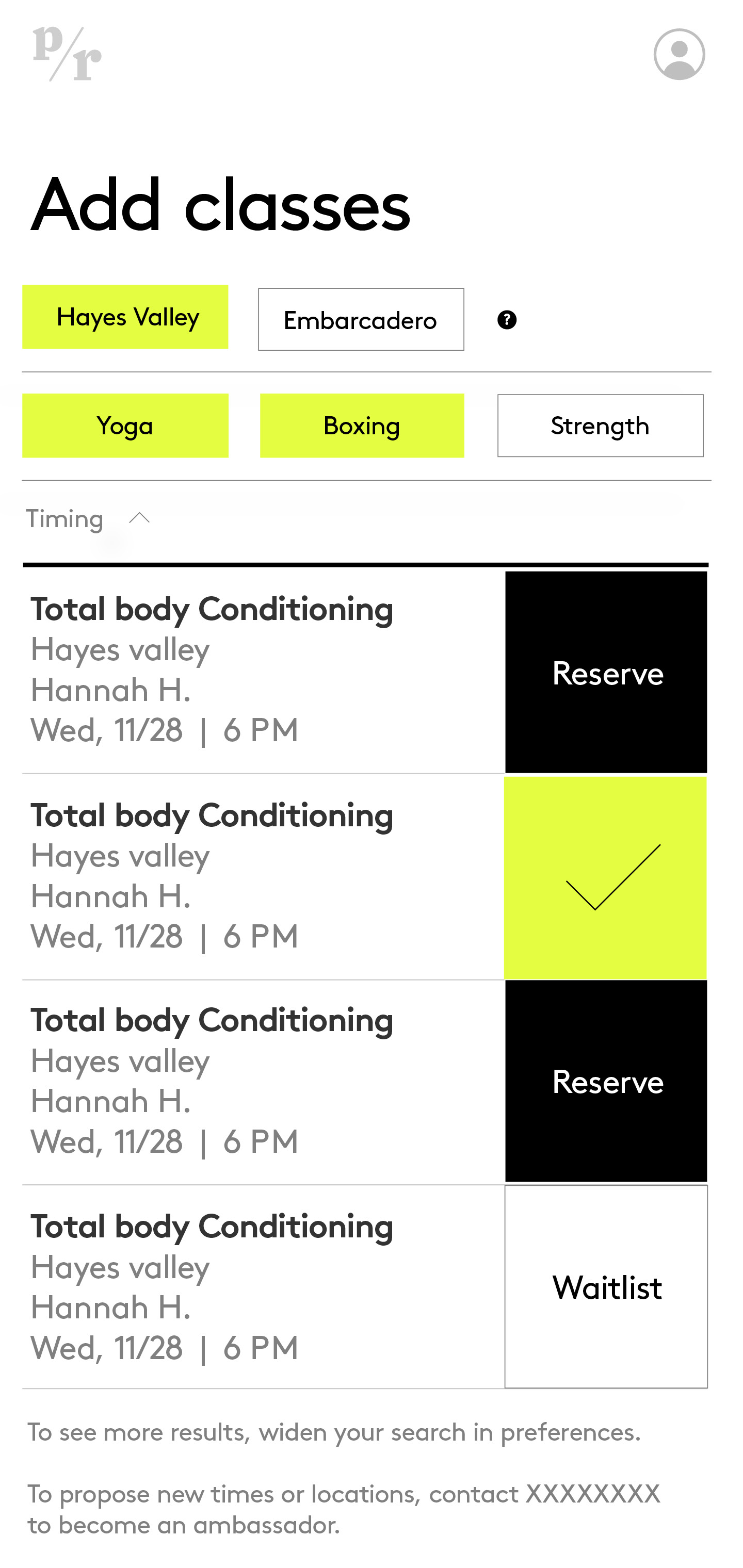 Class listing with a lime check mark confirming the selected reservation