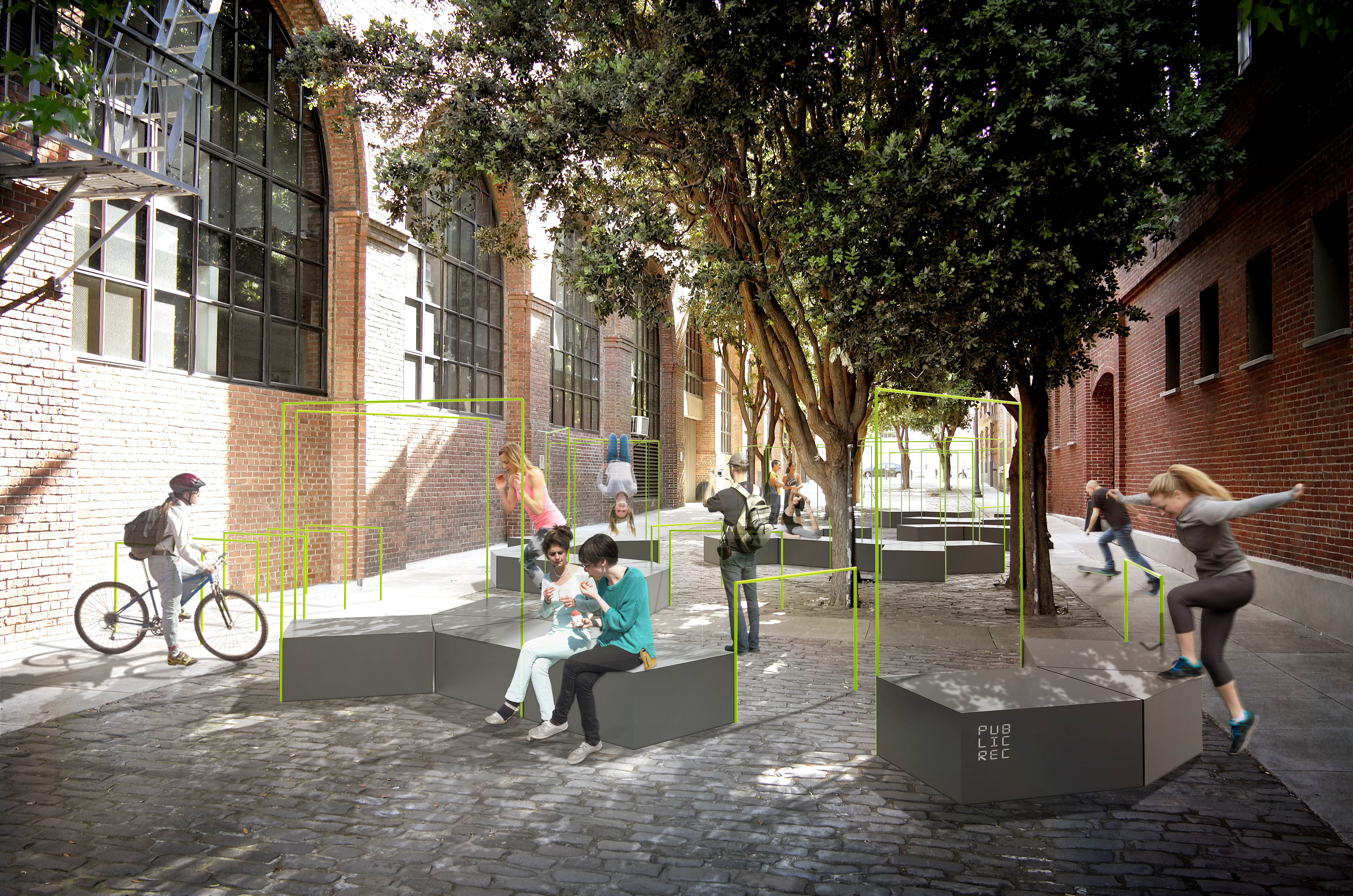 Concept rendering of modular fitness furniture and bars in a tree-lined urban alley