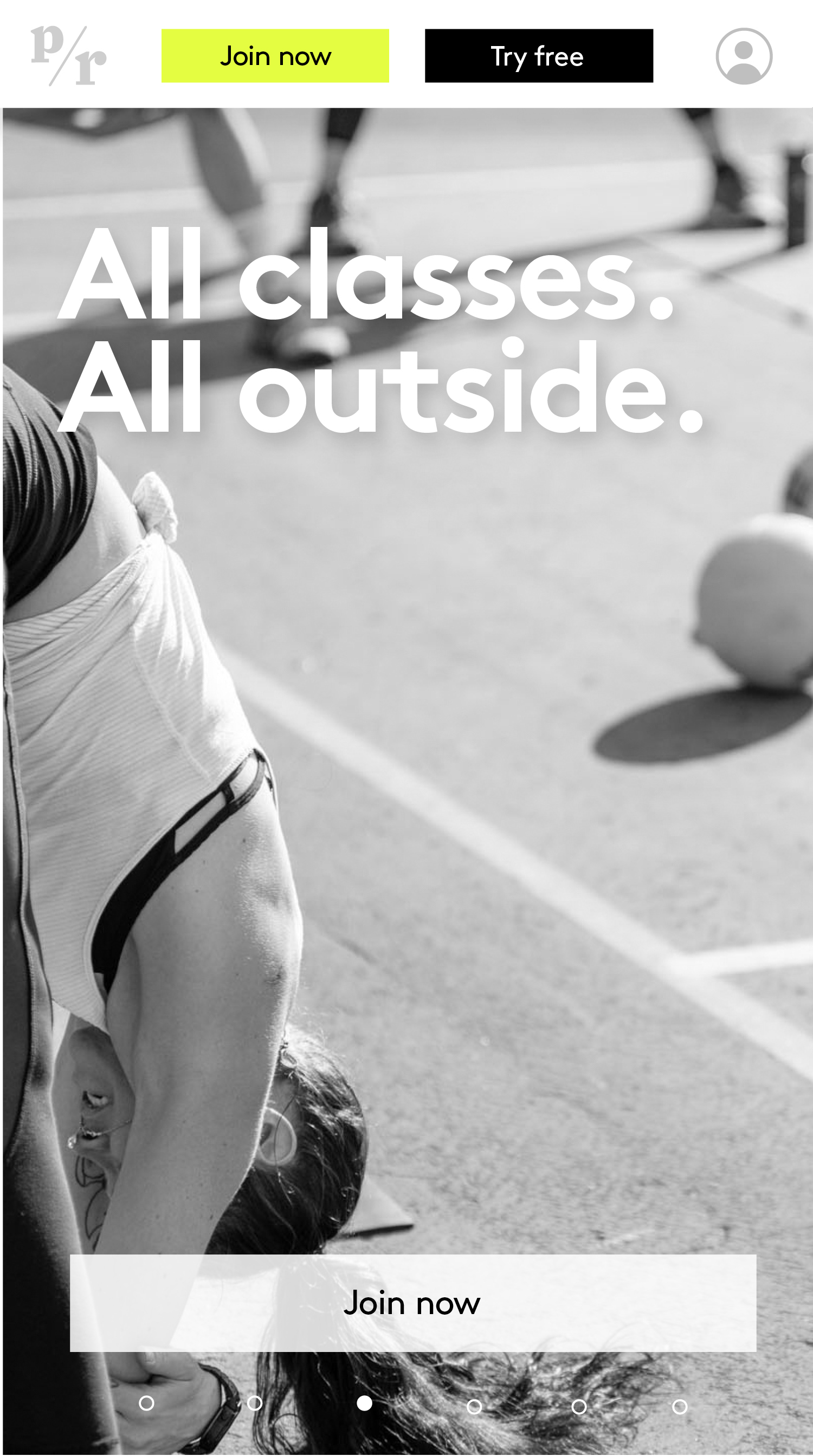 Public Recreation mobile homepage with All classes, All outside and Join now messaging