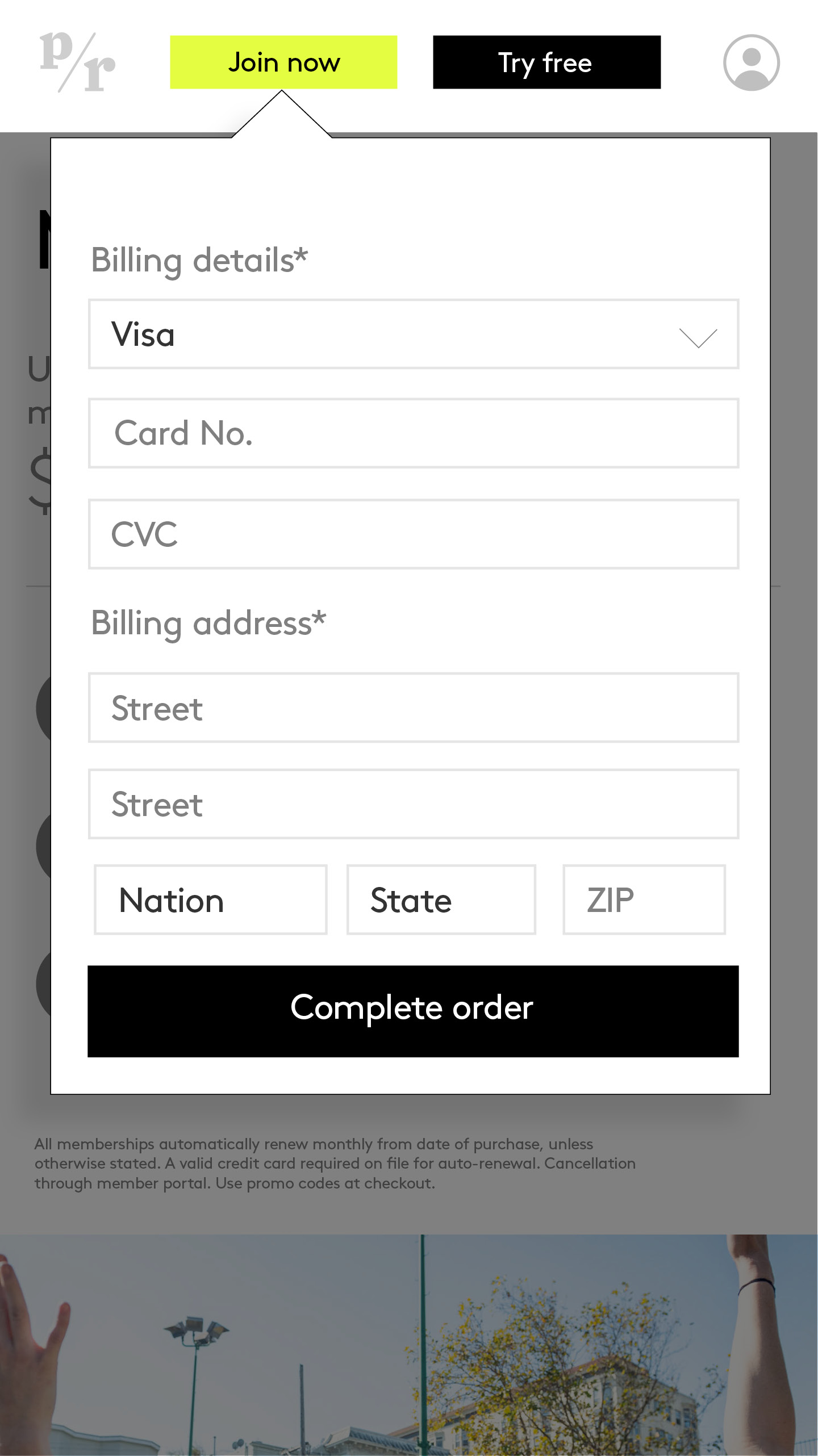 Membership checkout form for card and billing details