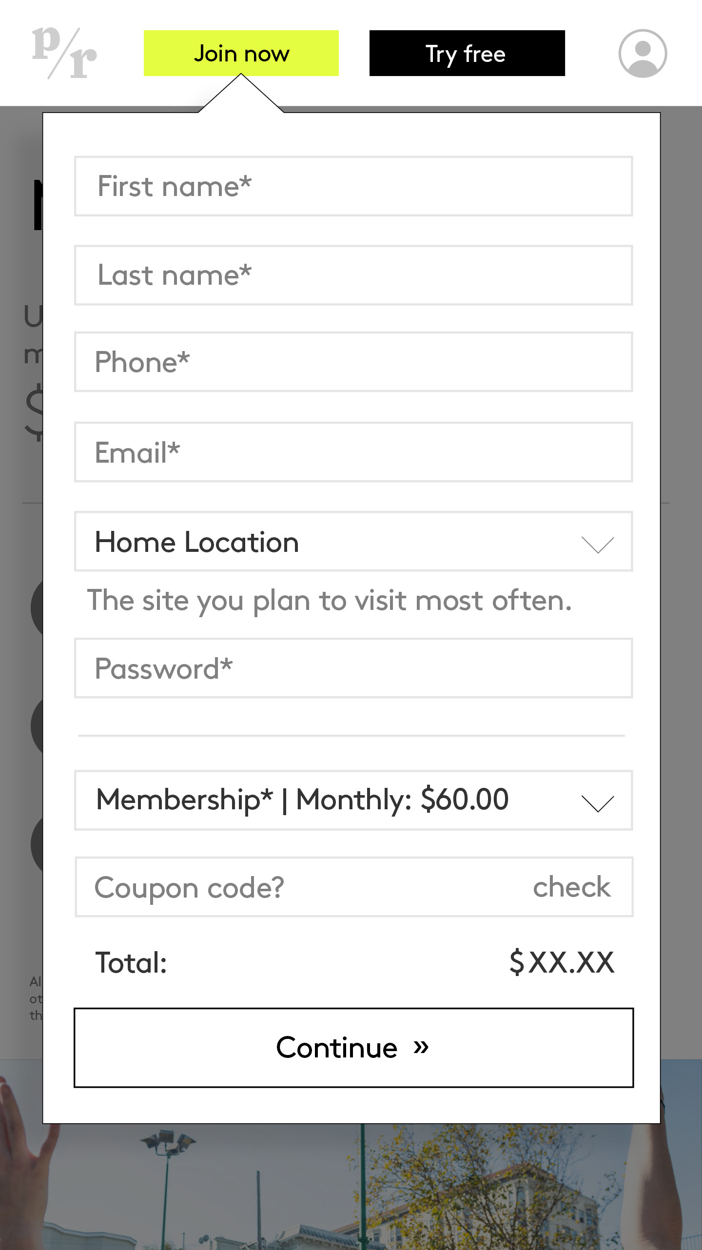Membership form with account details, home location and membership choice