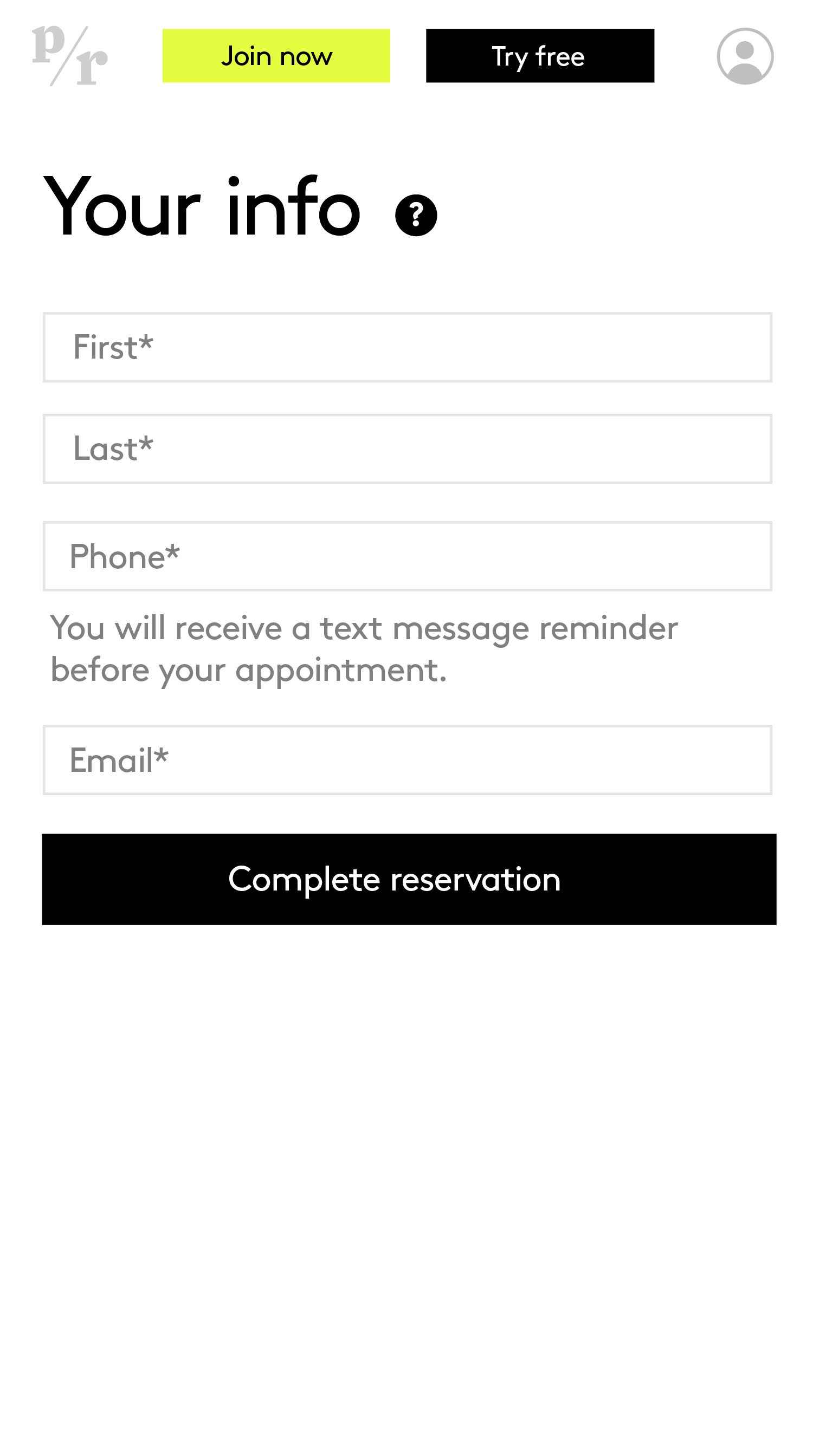 Trial reservation form asking for first name, last name, phone and email
