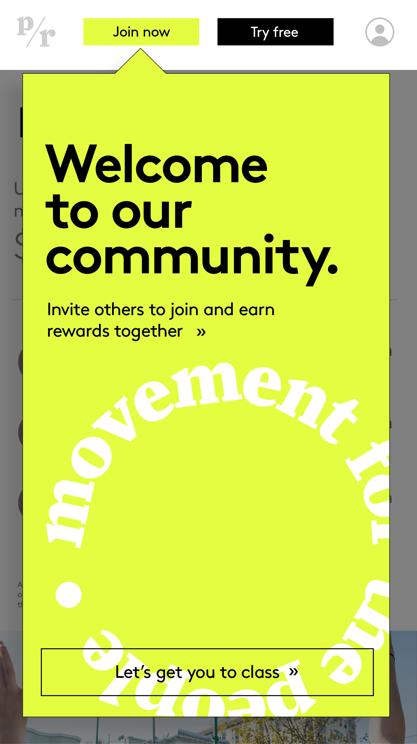 Lime membership welcome screen with a link to get to class