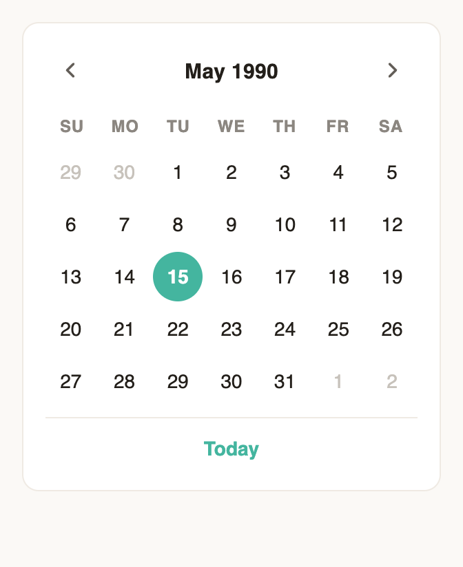 Custom date picker showing May 1990, with the fifteenth selected
