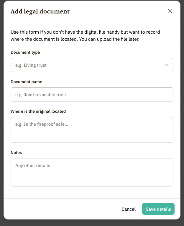Add legal document form with document type, name, original location and optional notes