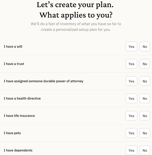 Inventory questions about documents, insurance, pets and dependents with Yes and No options