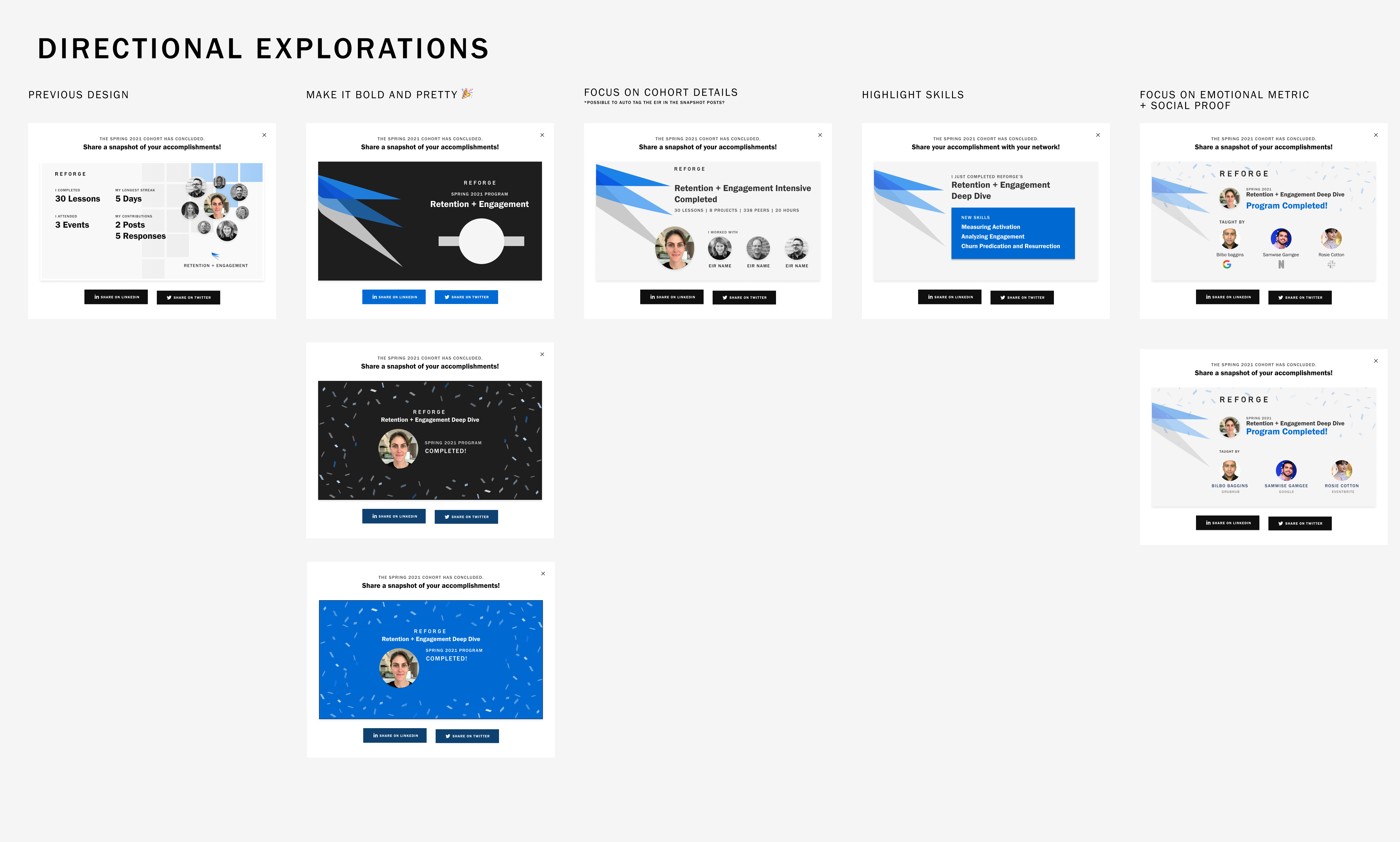 Directional board comparing visual contrast, program detail, skills, and social proof