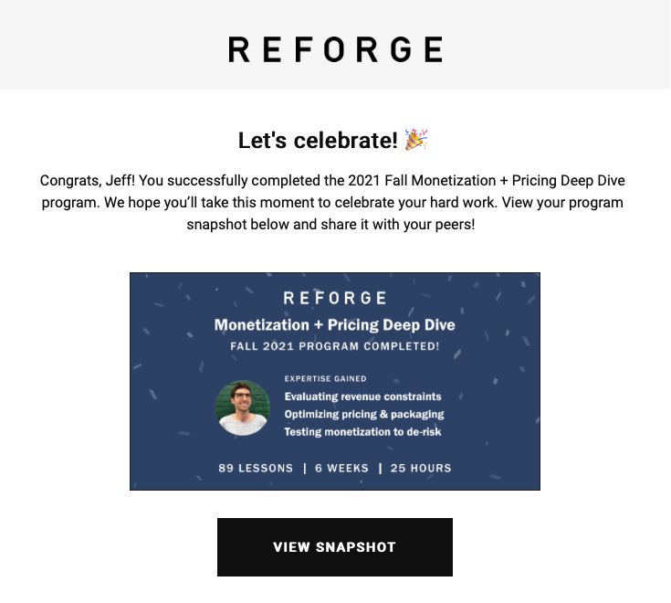 Completion email celebrating the program and linking to the snapshot
