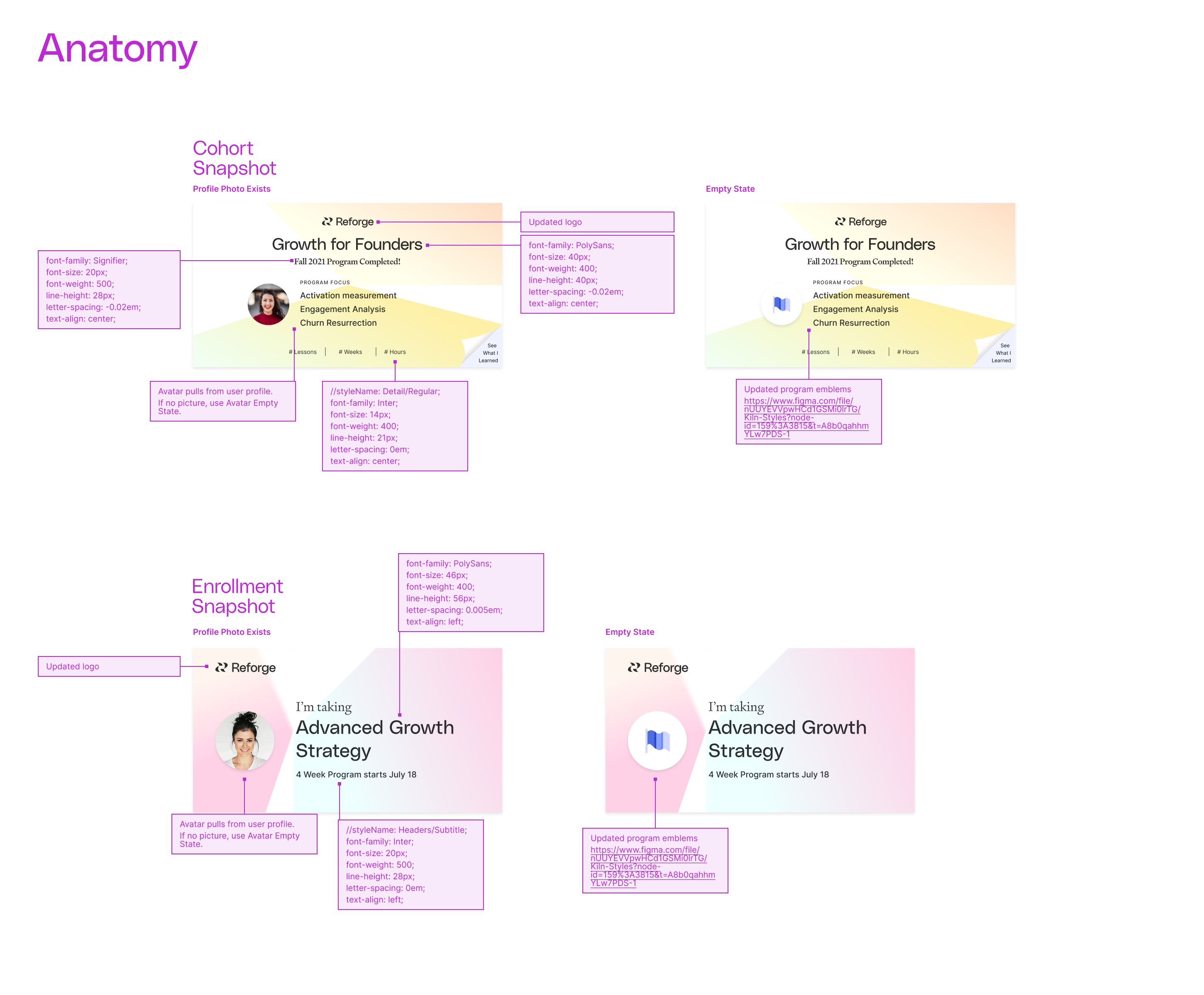 Annotated rebrand specifications for completion and enrollment cards, with profile and empty states