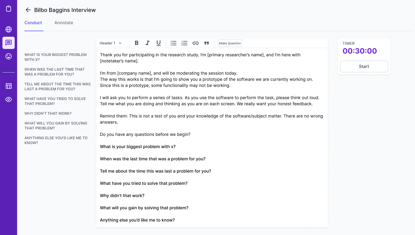 Conduct view with research questions, a note editor and a timer