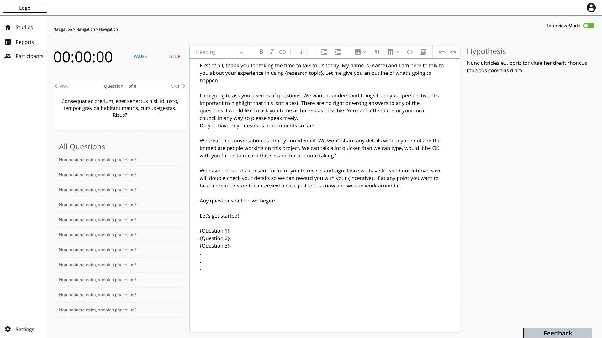 Interview wireframe with timer and question list beside a central note editor