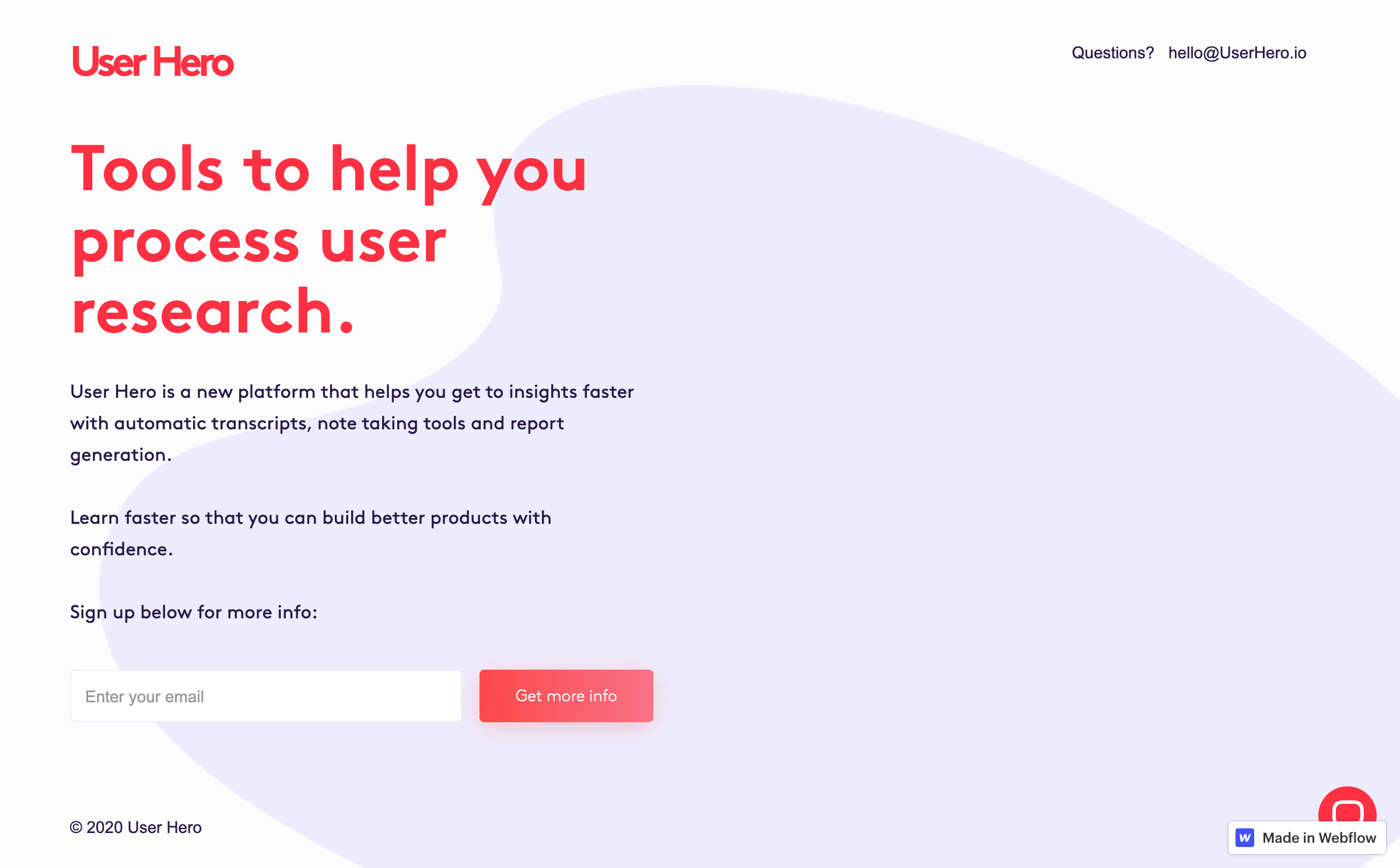 User Hero landing page prototype introducing its research tools