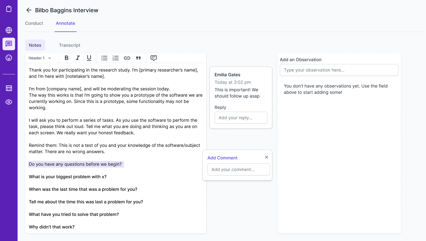 Annotate view with notes, comments and an Add an Observation field