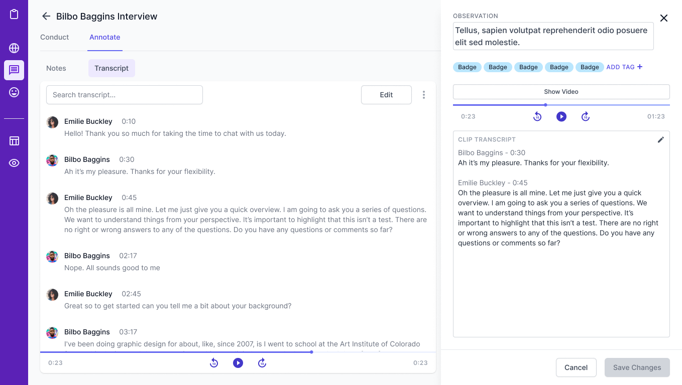 Observation panel showing the finding, tags, playback controls and a clip transcript next to the full interview transcript