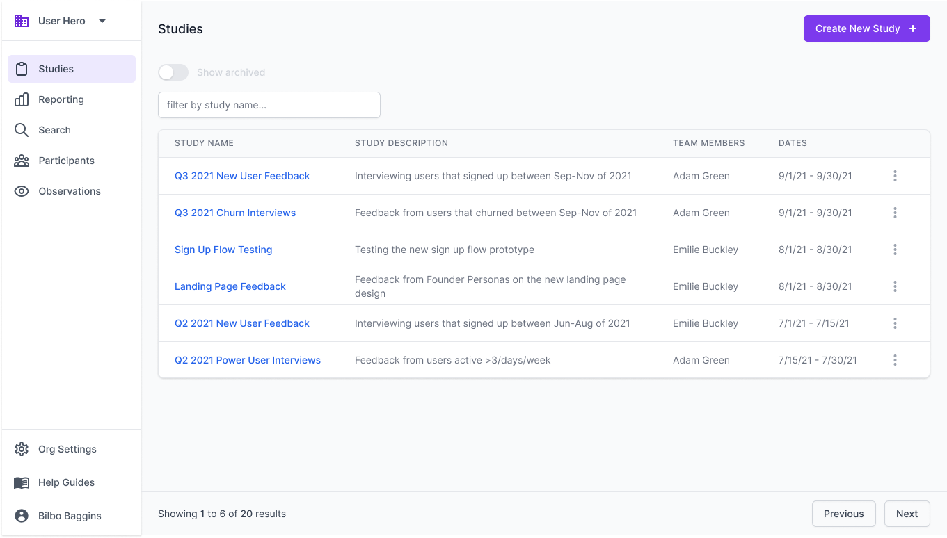 User Hero studies index with descriptions, team members, dates and a study-name filter